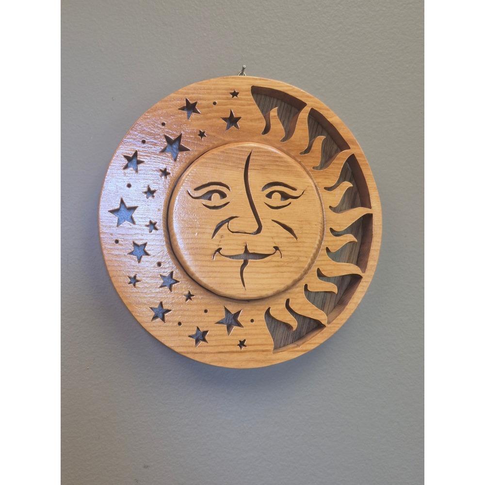 Vintage Carved Wood Sun Moon Wall Plaque Celestial Stars Boho Whimsigoth 8" Gift